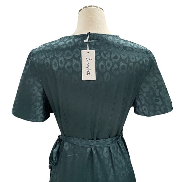 Simplee Green Satin Wrap Dress Medium Leopard Print Midi Tie Waist Elegant - Picture 13 of 14